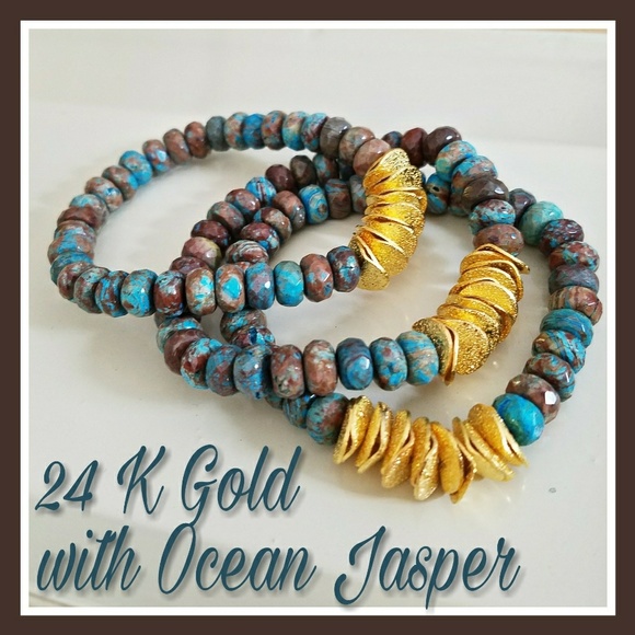 Bondhu Jewelry - Ocean Jasper Mala Bead w/24K Gold Ruffle Washers